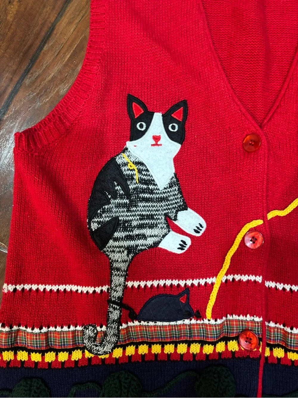 Grandma Core Adorable Red Cat Pattern Pet Lovers Knit Vest 1X
